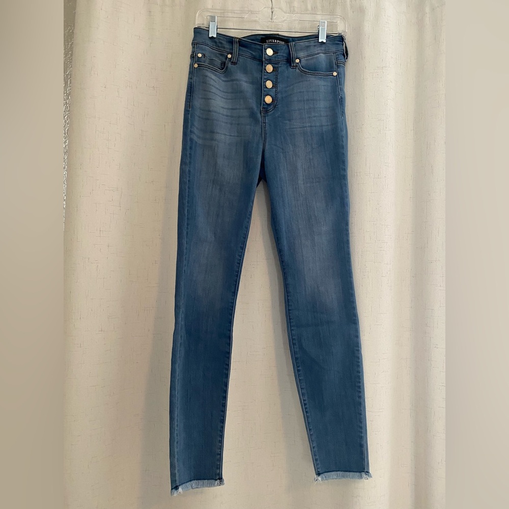 Brand New Liverpool Blue High Rise Jeans with Button Closure and Raw Hem
